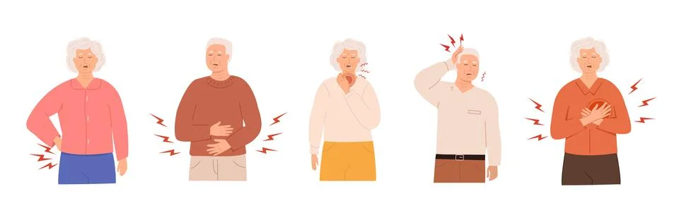 Set of elderly people experiencing different types of pain and discomfort with Stock Illustration