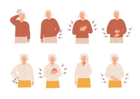 Set of elderly people suffering from various types of pain. Medical discomfort Stock Illustration