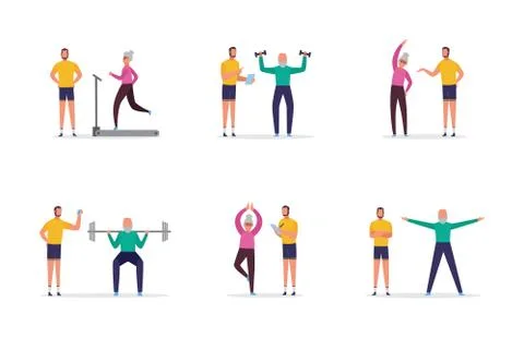 Set of elderly people at training with coach, flat isolated vector illustration. Stock Illustration