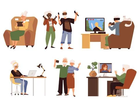 Set of elderly people using gadgets flat vector illustration isolated. イラスト素材