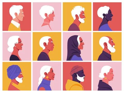 A set of elderly people’s faces in profile. Stock Illustration