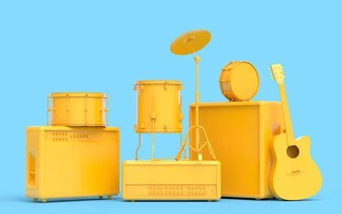 Set of electric acoustic guitar, amplifiers and drums with metal cymbal on bl Ilustração Stock