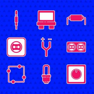 Set Electric cable, LED light bulb, switch, Electrical outlet, circuit scheme Stock Illustration