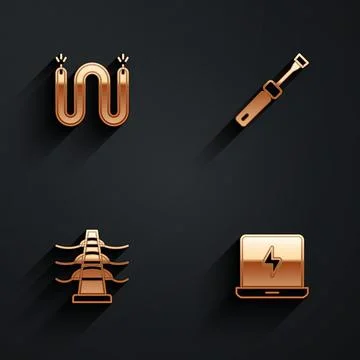 Set Electric cable, Screwdriver, tower line and Laptop icon with long shadow Illustrazione stock