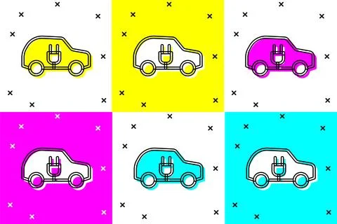 Set Electric car and electrical cable plug charging icon isolated on color .. Stock Illustration