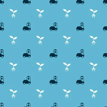 Set Electric car and saving plug in leaf on seamless pattern. Vector Stock Illustration