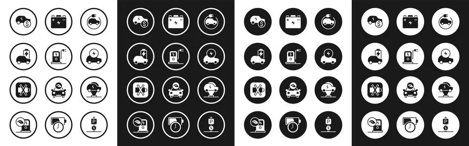 Set Electric car, charging station, price, Car battery, and Low icon. Vector Stock Illustration