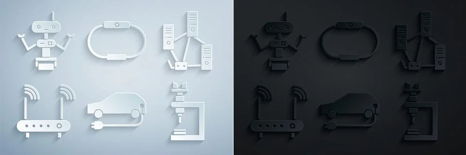 Set Electric car, Computer network, Router and wi-fi signal, Microscope, Sm.. Stock Illustration