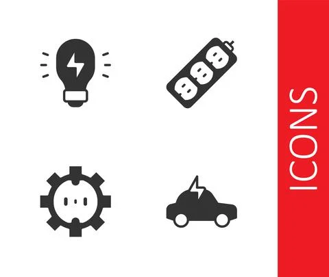 Set Electric car, Creative lamp light idea, Electrical outlet and extension icon Stock Illustration