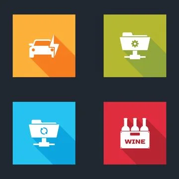Set Electric car, FTP settings folder, sync refresh and Bottles of wine box i Stock Illustration