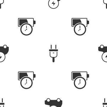 Set Electric car, plug and Battery charge on seamless pattern. Vector イラスト素材