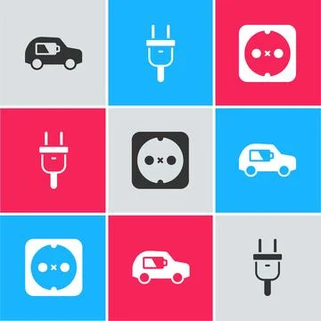 Set Electric car, plug and Electrical outlet icon. Vector 库存插图