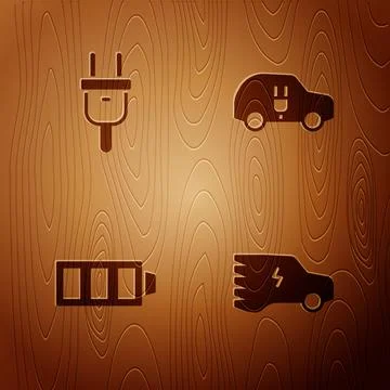 Set Electric car, plug, Battery charge and on wooden background. Vector Stockillustratie