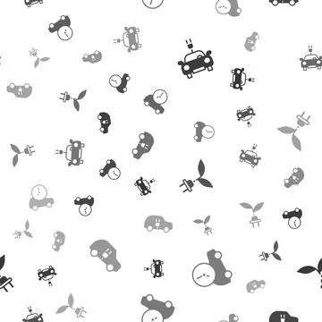 Set Electric car, saving plug in leaf and on seamless pattern. Vector Illustrazione stock