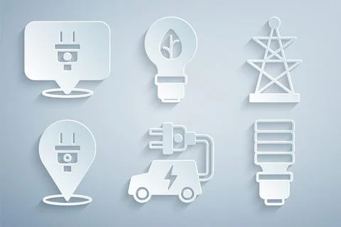 Set Electric car, tower, plug, LED light bulb, Light with leaf and  icon. V.. 스톡 일러스트