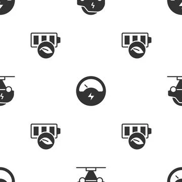 Set Electric car, Voltmeter and Eco nature leaf battery on seamless pattern イラスト素材