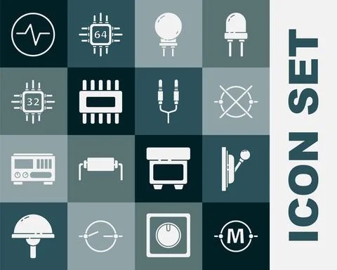 Set Electric circuit scheme, Electrical panel, Light emitting diode, Processor Stock Illustration