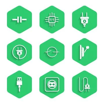 Set Electric circuit scheme, Electrical outlet, plug, panel, USB cable cord, and Illustrazione stock