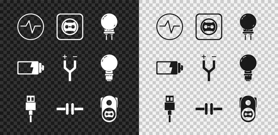Set Electric circuit scheme, Electrical outlet, Light emitting diode, USB cable Stock Illustration