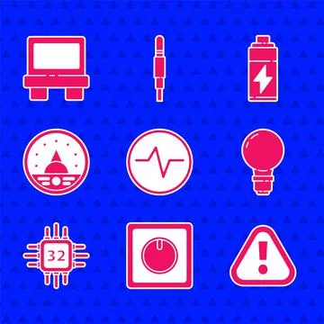 Set Electric circuit scheme, Exclamation mark in triangle, Light bulb with Stock Illustration
