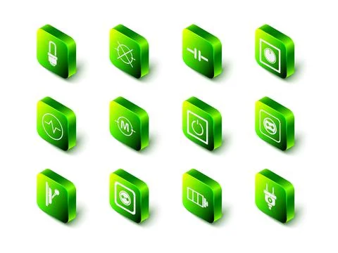 Set Electric circuit scheme, light switch, Electrical outlet, plug, Battery Illustrazione stock