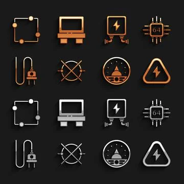 Set Electric circuit scheme, Processor with microcircuits CPU, High voltage,  Stockillustratie