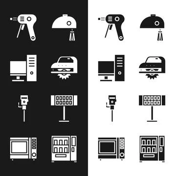 Set Electric circular saw, Computer monitor, hot glue gun, mixer, Construction Stock Illustration