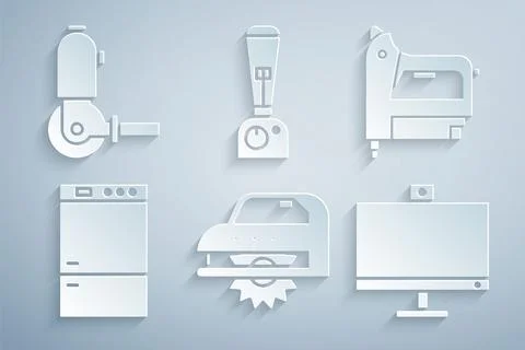 Set Electric circular saw, construction stapler, Refrigerator, Computer monitor Stock Illustration