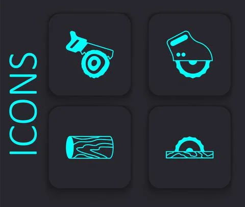Set Electric circular saw, Hand and log, and Wooden icon. Black square button Stock Illustration