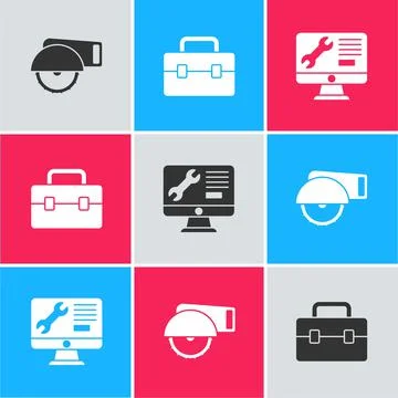 Set Electric circular saw, Toolbox and Computer monitor service icon. Vector Stock Illustration
