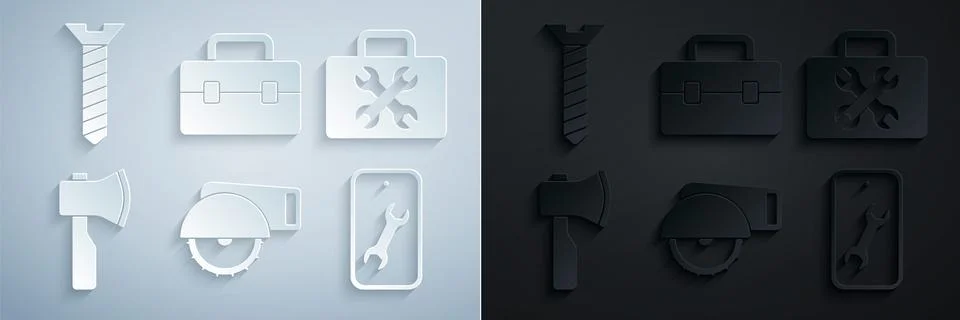 Set Electric circular saw, Toolbox, Wooden axe, Mobile service, and Metallic Stock Illustration