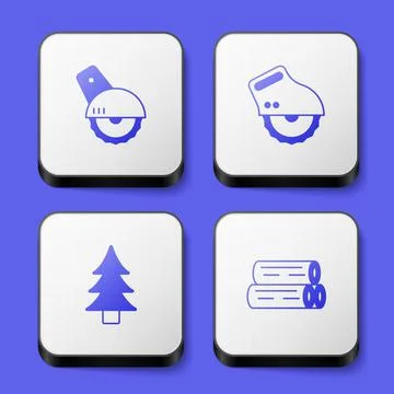 Set Electric circular saw, Tree and Wooden log icon. White square button. Vector 库存插图