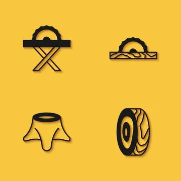 Set Electric circular saw, Tree rings, stump and icon with long shadow. Vector Stock Illustration