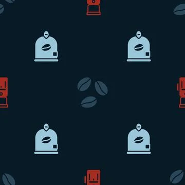 Set Electric coffee grinder, Coffee beans and Bag on seamless pattern. Vector 库存插图