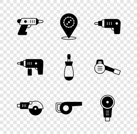 Set Electric cordless screwdriver, Circular saw blade, Angle grinder, Leaf Illustration