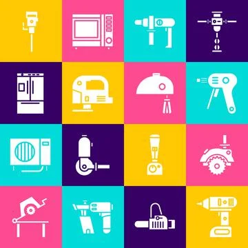 Set Electric cordless screwdriver, circular saw, hot glue gun, drill machine Stock Illustration