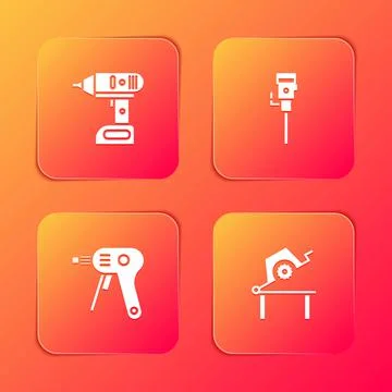 Set Electric cordless screwdriver, Construction jackhammer, hot glue gun and Stock Illustration