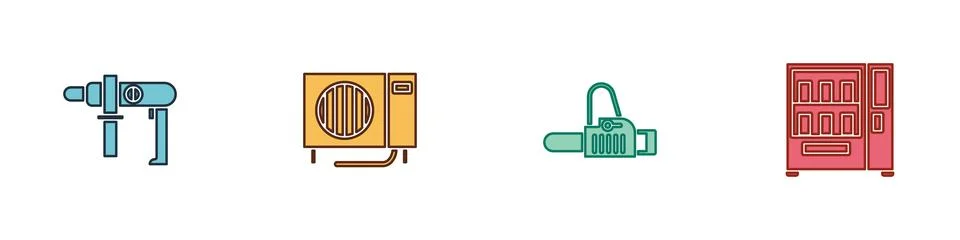 Set Electric drill machine, Air conditioner, Chainsaw and Vending icon. Vecto Stock Illustration