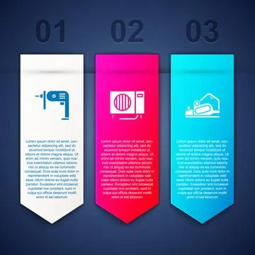 Set Electric drill machine, Air conditioner and planer tool. Business infogra Stock Illustration