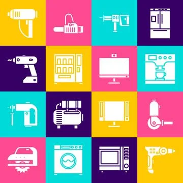 Set Electric drill machine, Angle grinder, Coffee and cup, Rotary hammer, V.. 스톡 일러스트