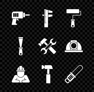 Set Electric drill machine, Calliper or caliper and scale, Paint roller bru.. Stock Illustration
