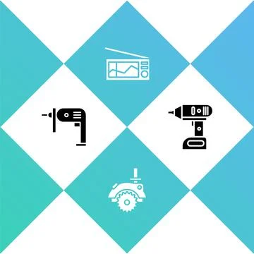 Set Electric drill machine, circular saw, Radio and cordless screwdriver icon Stock Illustration