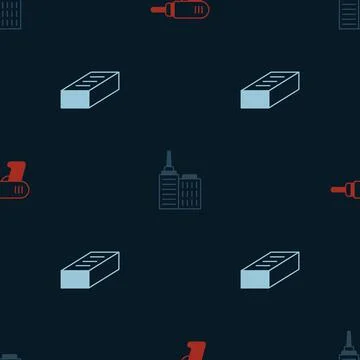 Set Electric drill machine, City landscape and Brick on seamless pattern. Vector Illustrazione stock