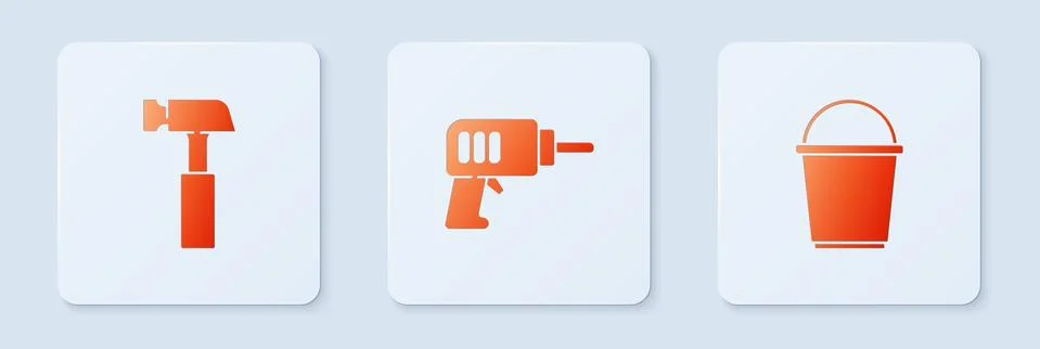Set Electric drill machine, Hammer and Bucket. White square button. Vector Stock Illustration