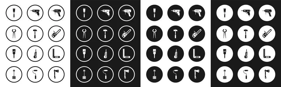 Set Electric drill machine, Hammer, Pincers and pliers, Putty knife, Chains.. Stock Illustration