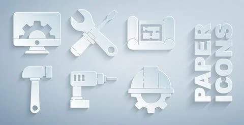 Set Electric drill machine, House plan, Hammer, Worker safety helmet and gear Stock Illustration