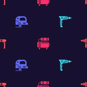 Set Electric drill machine, jigsaw, Air compressor and on seamless pattern Illustrazione stock