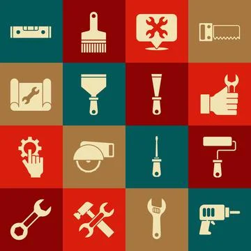 Set Electric drill machine, Paint roller brush, Wrench spanner, Location with Stock Illustration