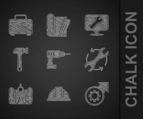 Set Electric drill machine, Worker safety helmet, Gear and arrows as workflow Stock Illustration