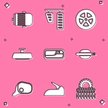 Set Electric engine, Car gas and brake pedals, wheel, mirror, door handle, and Illustration